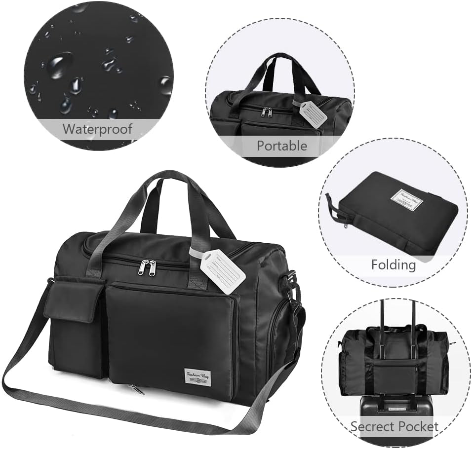 Travel Duffel Bag, Foldable Gym Bag Overnight Weekend Bags for Women, Lightweight Hospital Bag with Wet and Dry Separation Bag, Large Holdall Bag Cabin Bag for Sports and Travel - Black