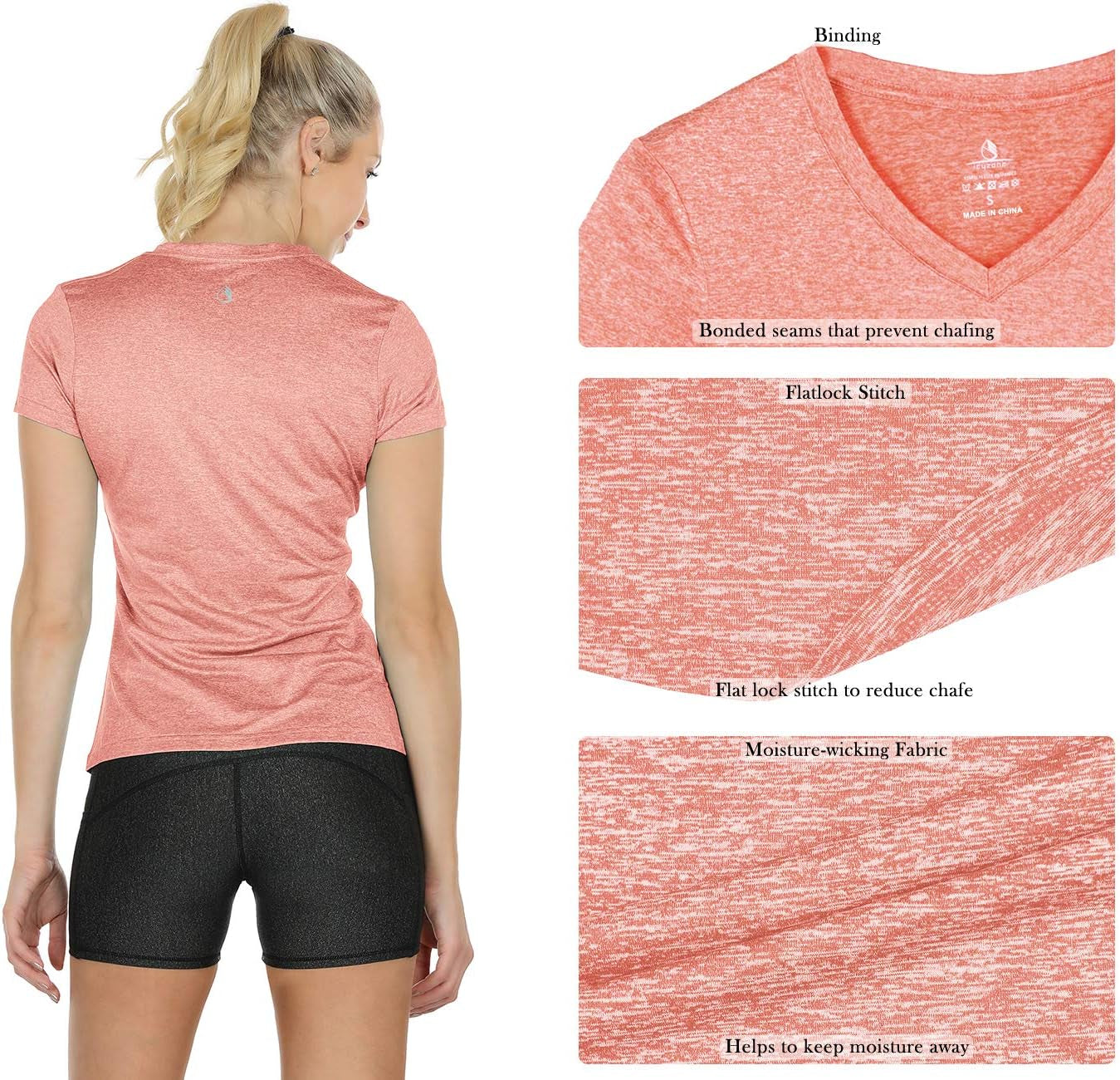 Women'S Workout Running T-Shirt Yoga Fitness V-Neck Short-Sleeve Tops Sports Shirt, 3 Pack