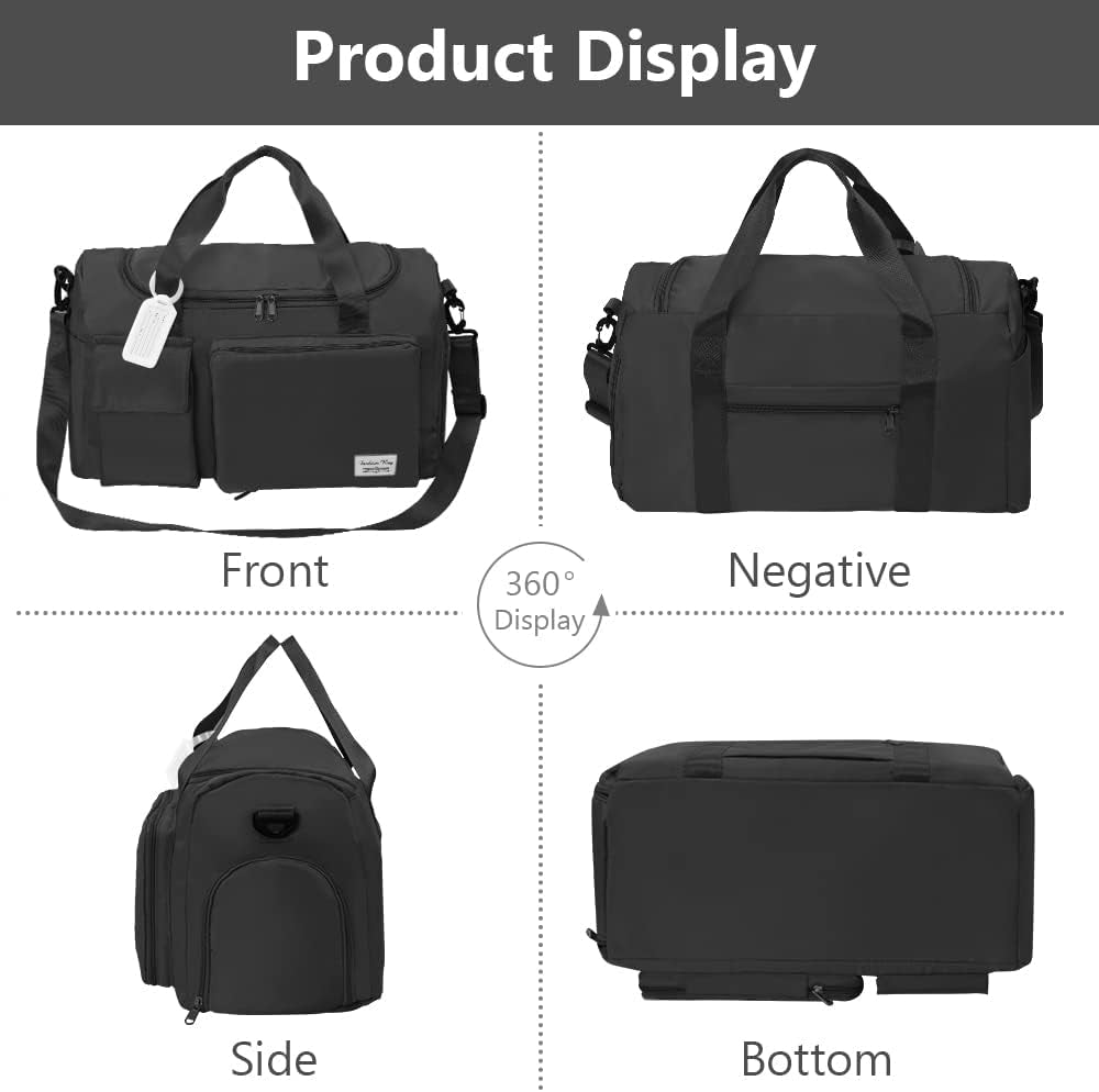 Travel Duffel Bag, Foldable Gym Bag Overnight Weekend Bags for Women, Lightweight Hospital Bag with Wet and Dry Separation Bag, Large Holdall Bag Cabin Bag for Sports and Travel - Black