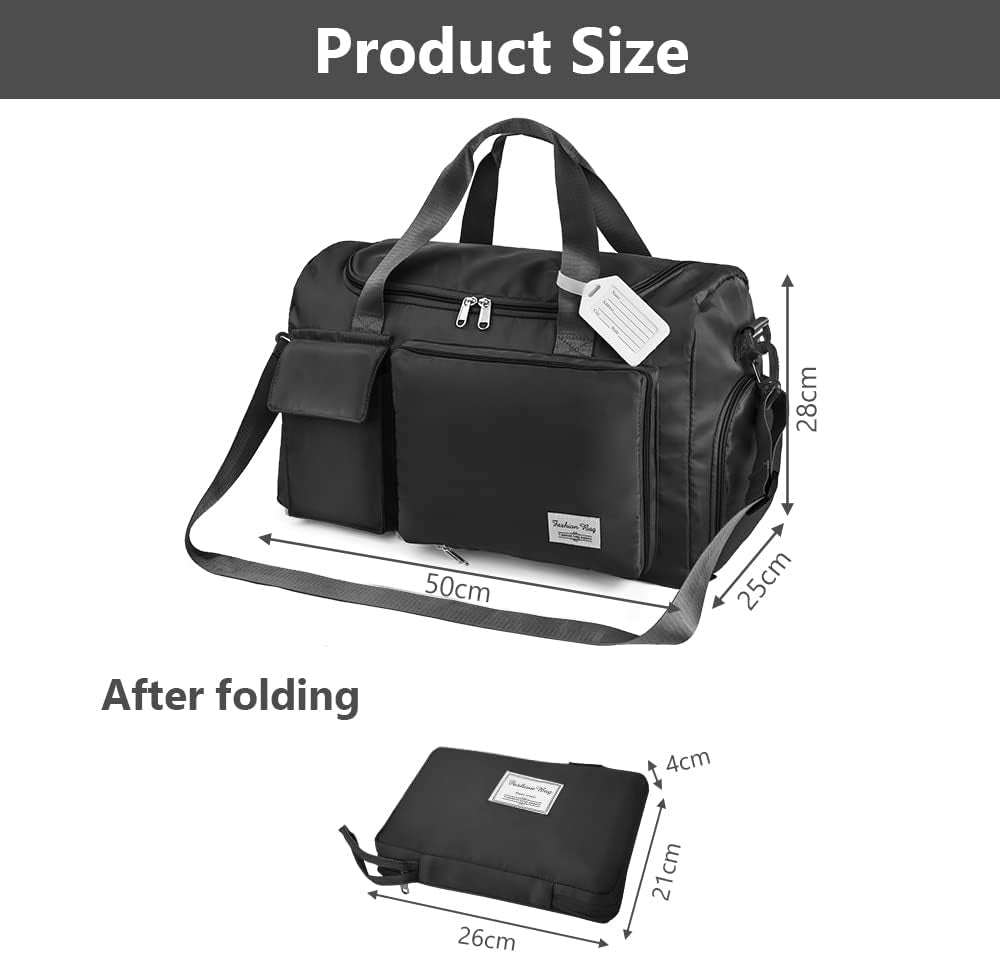 Travel Duffel Bag, Foldable Gym Bag Overnight Weekend Bags for Women, Lightweight Hospital Bag with Wet and Dry Separation Bag, Large Holdall Bag Cabin Bag for Sports and Travel - Black