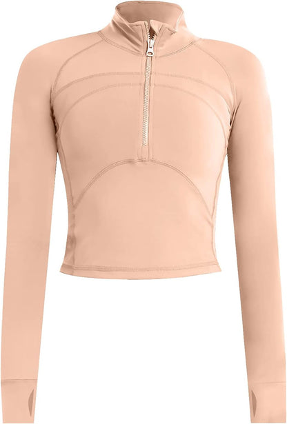 Womens Gym Tops Long Sleeve Sports T-Shirt Fitness Workout Yoga Crop Tops Ladies Running Tee Shirts Half Zip Breathable Activewear with Thumb Holes