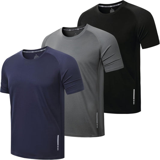 3 Pack Gym Shirts Men Quick Dry Short Sleeve Sport T-Shirts Breathable Moisture Wicking Athletic Running Tops Mens Workout Tops